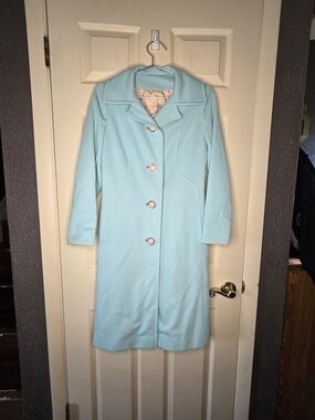VTG 60s 70s Fashionbilt Pastel Blue Wool Trench Coat Dress Jacket ILGWU Small
